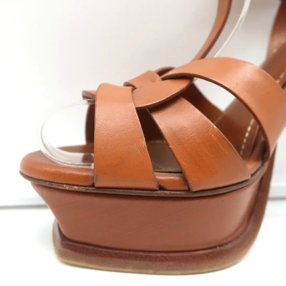 Yves Saint Laurent Tribute Wood-Effect Platform Sandals Brown Leather Size 36 - Picture 8 of 12